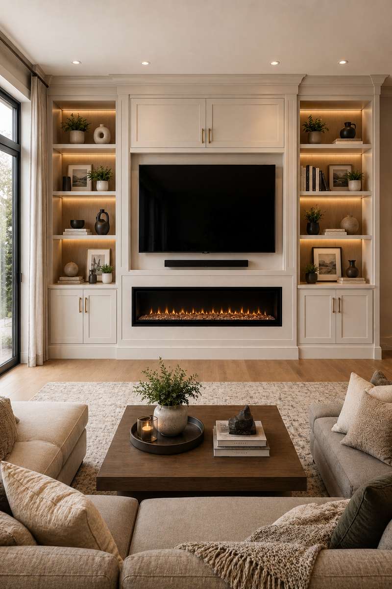 Luxury family room featuring a wall-to-wall built-in media wall with floor-to-ceiling cabinetry, open shelving, linear fireplace, mounted television, and custom storage solutions.