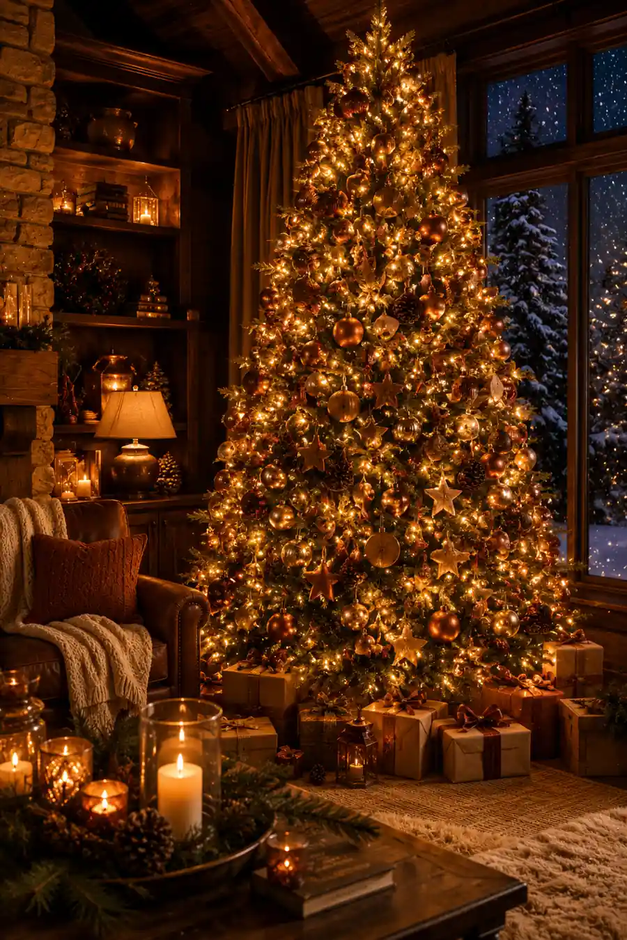 Elegant Christmas tree decorated with copper, bronze, and wooden ornaments illuminated by warm amber fairy lights in a cozy luxury living room with candles, rustic wood interiors, and snowy winter views.