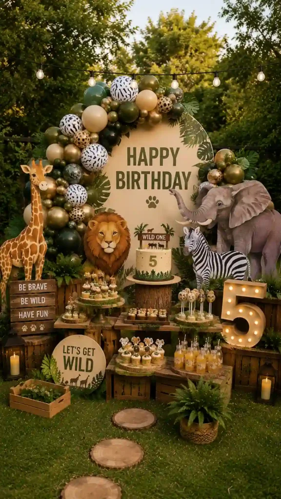 Safari-themed outdoor birthday party display featuring jungle-inspired décor, animal cutouts, and green, cream, gold, and animal-print balloon garlands. The setup includes a lion, giraffe, elephant, and zebra, a cake decorated with safari animals, rustic wooden crates, themed desserts, lanterns, and signs reading 'Let's Get Wild' and 'Be Brave, Be Wild, Have Fun.' A large illuminated number 5 and lush greenery create a fun wilderness adventure atmosphere for a fifth birthday celebration