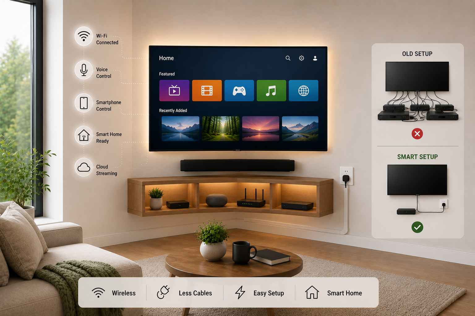 Realistic corner TV setup featuring a wall-mounted flat smart TV, wireless streaming devices, smart home connectivity icons, and a clean cable management solution using only one power cable for a modern clutter-free entertainment space.