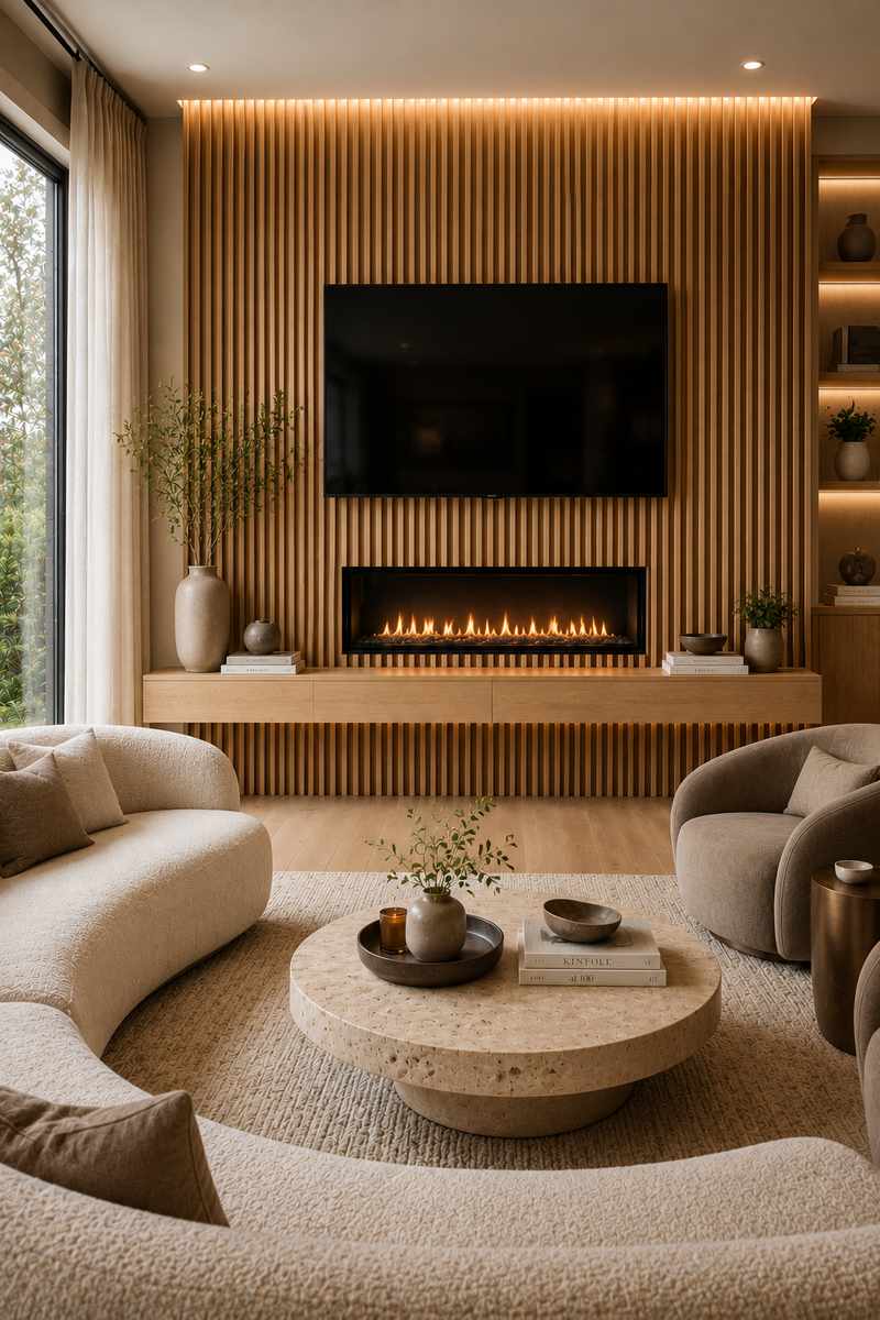 Contemporary living room with a vertical wood slat feature wall extending from floor to ceiling, integrated linear fireplace, floating oak shelf, wall-mounted television, curved ivory seating, and a travertine coffee table. Warm wood tones and subtle lighting create a sophisticated architectural focal point.