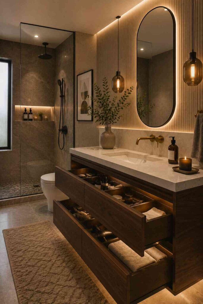 Modern luxury bathroom featuring a floating walnut vanity with a white stone countertop and integrated sink, illuminated open drawers with organized toiletries and towels, an oversized backlit arched mirror, warm pendant lighting, brushed brass wall-mounted faucet, a frameless glass walk-in shower with dark stone-look wall tiles and a recessed illuminated niche, a wall-hung toilet, a textured runner rug, decorative greenery, and warm ambient lighting throughout the space
