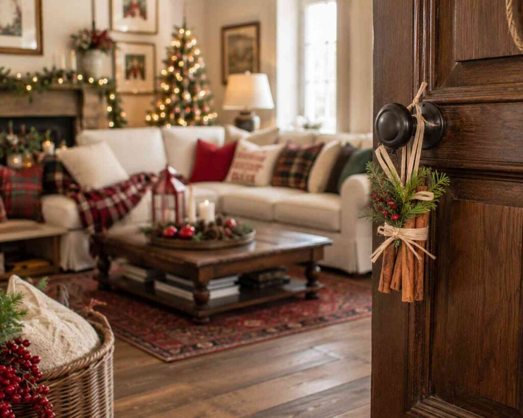 View through a wooden doorway into a cozy Christmas living room decorated with a lit tree, plaid accents, and warm candlelight. A rustic cinnamon-stick and evergreen bundle hangs from the door handle, while a white sofa, festive coffee table centerpiece, and garland-trimmed fireplace create a welcoming holiday atmosphere.