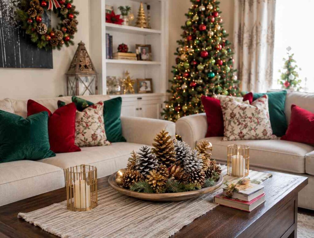 Cozy Christmas living room with two cream-colored sofas decorated with red, green, and floral holiday pillows. A wooden coffee table features a centerpiece of gold and frosted pinecones surrounded by greenery and candle lanterns. In the background, a brightly lit Christmas tree with red and gold ornaments stands beside white built-in shelves, while a festive wreath and seasonal décor create a warm holiday atmosphere.