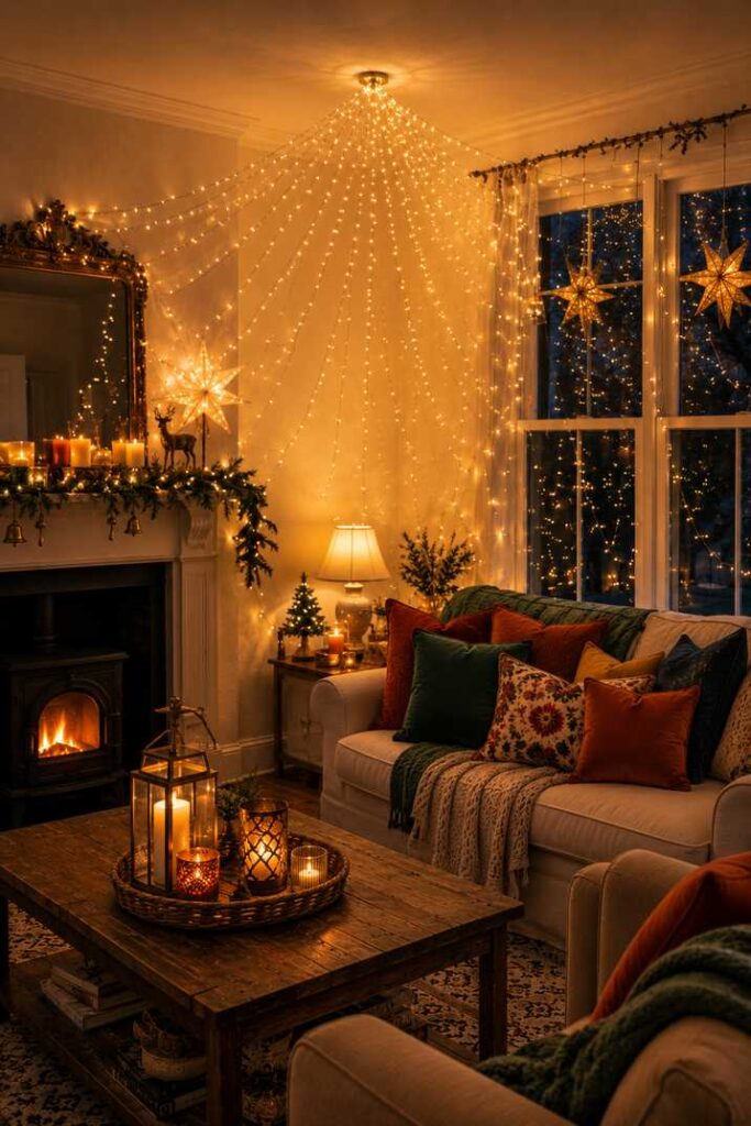 Christmas living room with fairy light canopy, fireplace, candles, illuminated star decorations, and cozy holiday décor.
