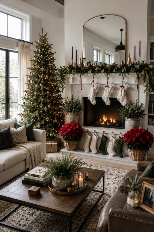 Festive living room with a decorated Christmas tree, fireplace mantel garland, hanging stockings, poinsettias, and warm holiday lighting. 