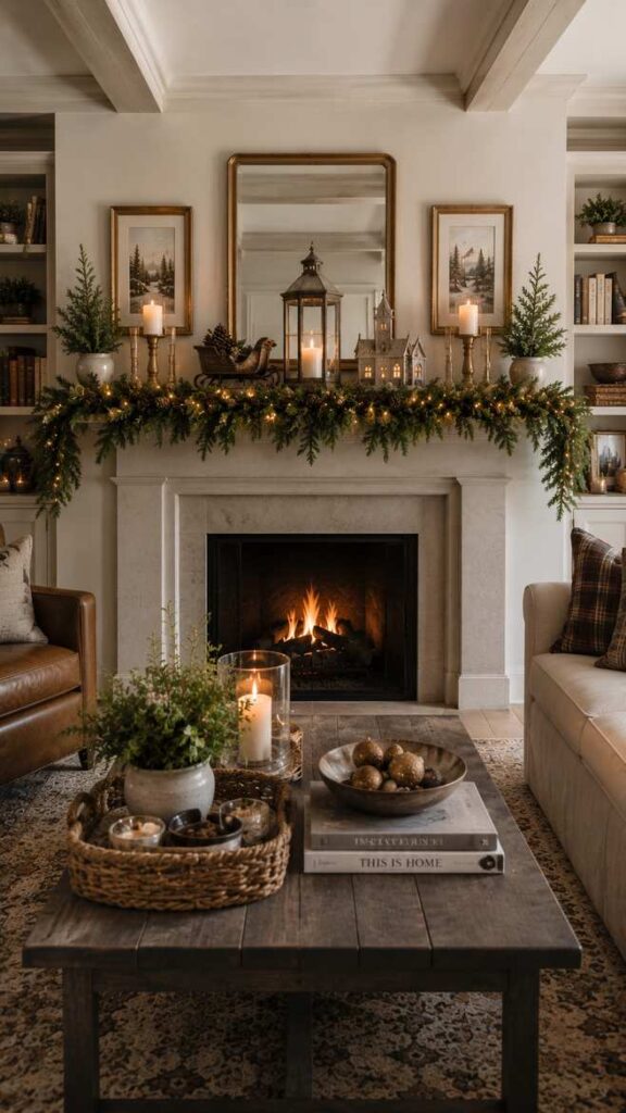 Christmas living room decor with fireplace mantel garland, candles, holiday greenery, rustic coffee table, and cozy winter farmhouse style