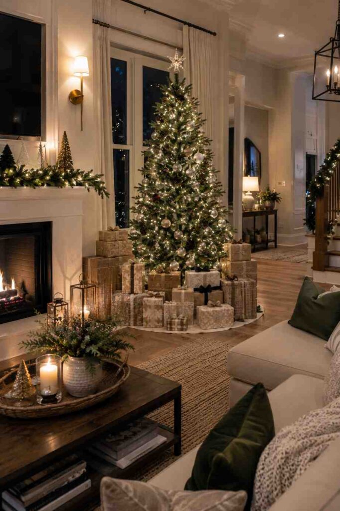 Elegant living room decorated for Christmas with a neutral and sophisticated color palette. A Christmas tree adorned with warm white lights, silver and champagne ornaments, and a glowing star topper stands beside tall windows. Coordinated wrapped gifts in neutral tones surround the tree, while a fireplace mantel is decorated with greenery, candles, and miniature trees. Soft cream furnishings, dark green accent pillows, lanterns, and candlelit holiday arrangements create a warm, inviting, and refined festive atmosphere