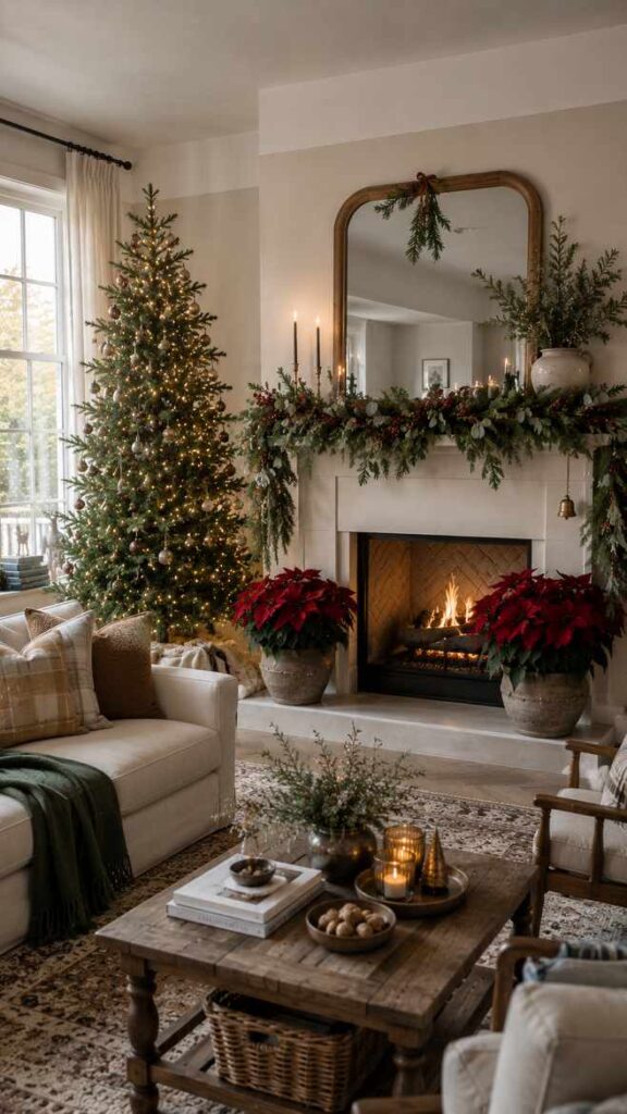 Christmas living room featuring a lit tree, fireplace, festive garland, poinsettias, candles, and cozy seasonal decorations