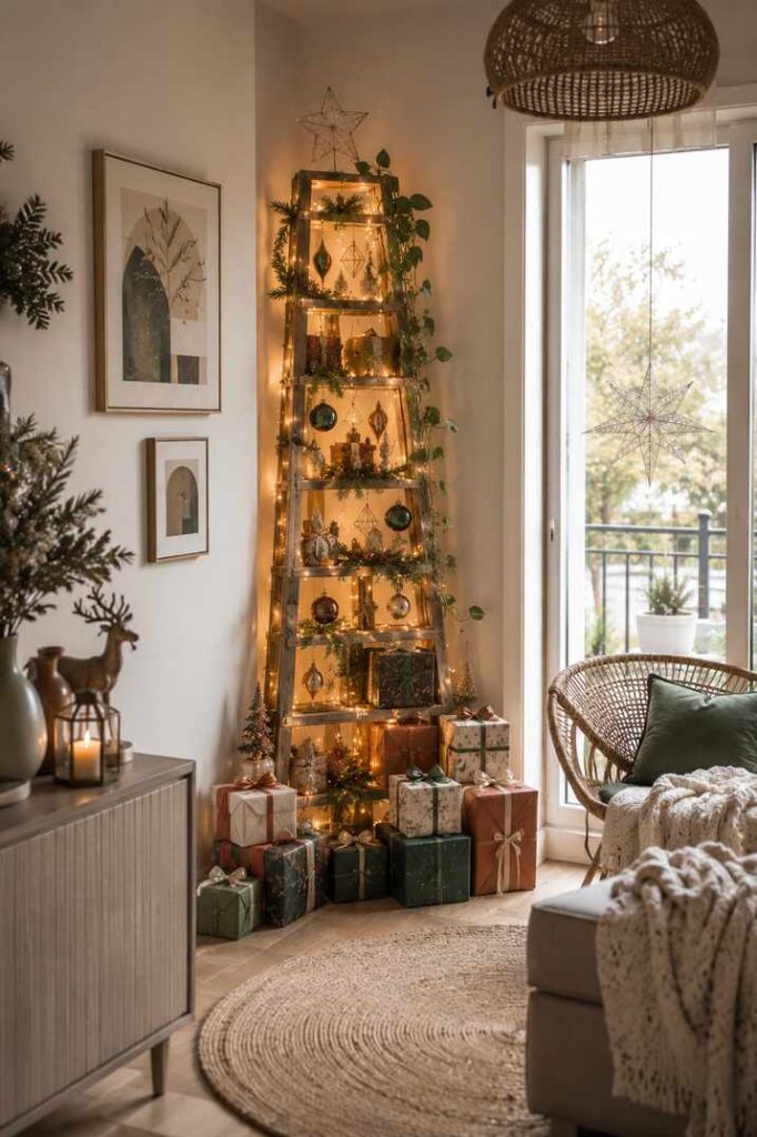 Cozy living room corner with a ladder-style Christmas tree, warm fairy lights, wrapped gifts, and window-side seating.