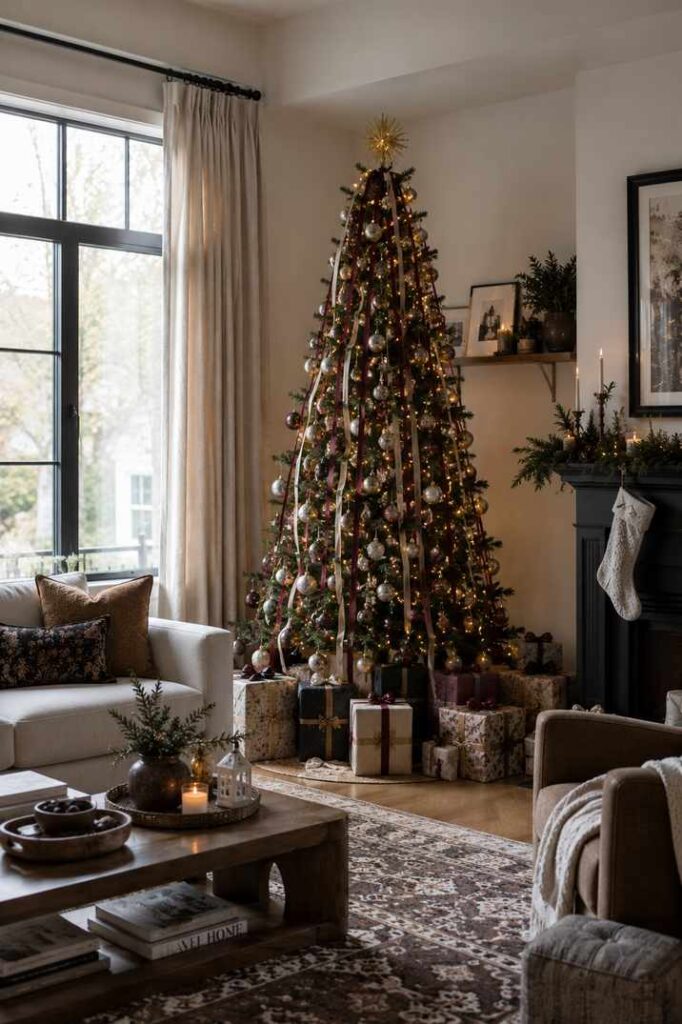 Cozy living room with a decorated Christmas tree, wrapped gifts, fireplace, and warm holiday ambiance
