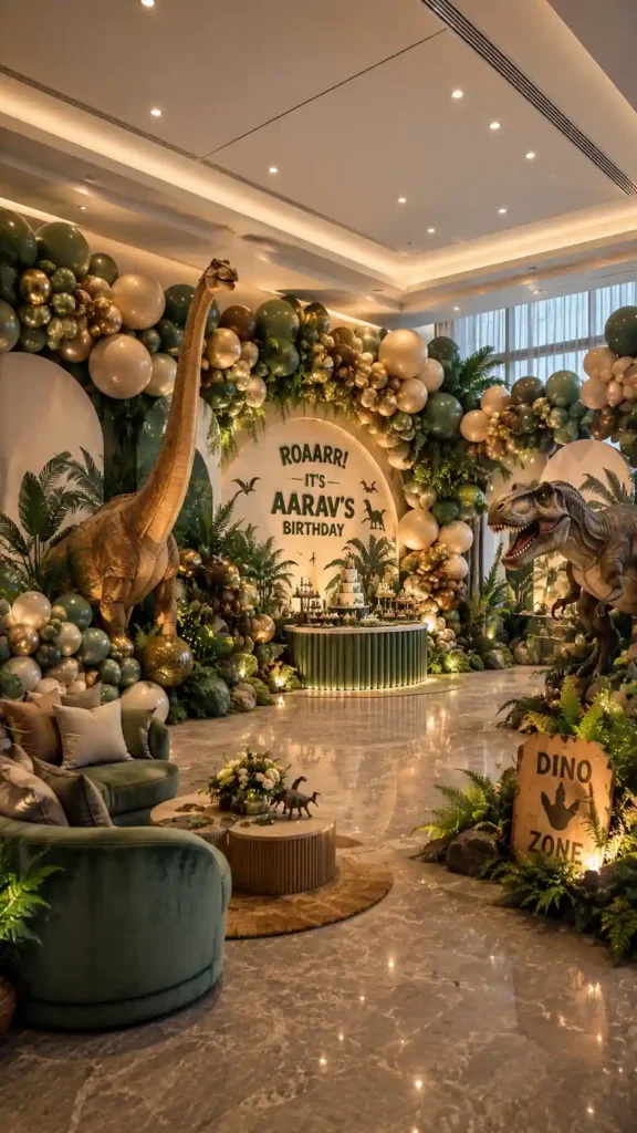 Dinosaur-themed birthday party setup in an elegant indoor venue, featuring large dinosaur sculptures, lush jungle-inspired greenery, green, cream, and gold balloon garlands, a central dessert and cake display, lounge seating, and a 'Dino Zone' sign. A personalized backdrop reads 'Roaarr!
