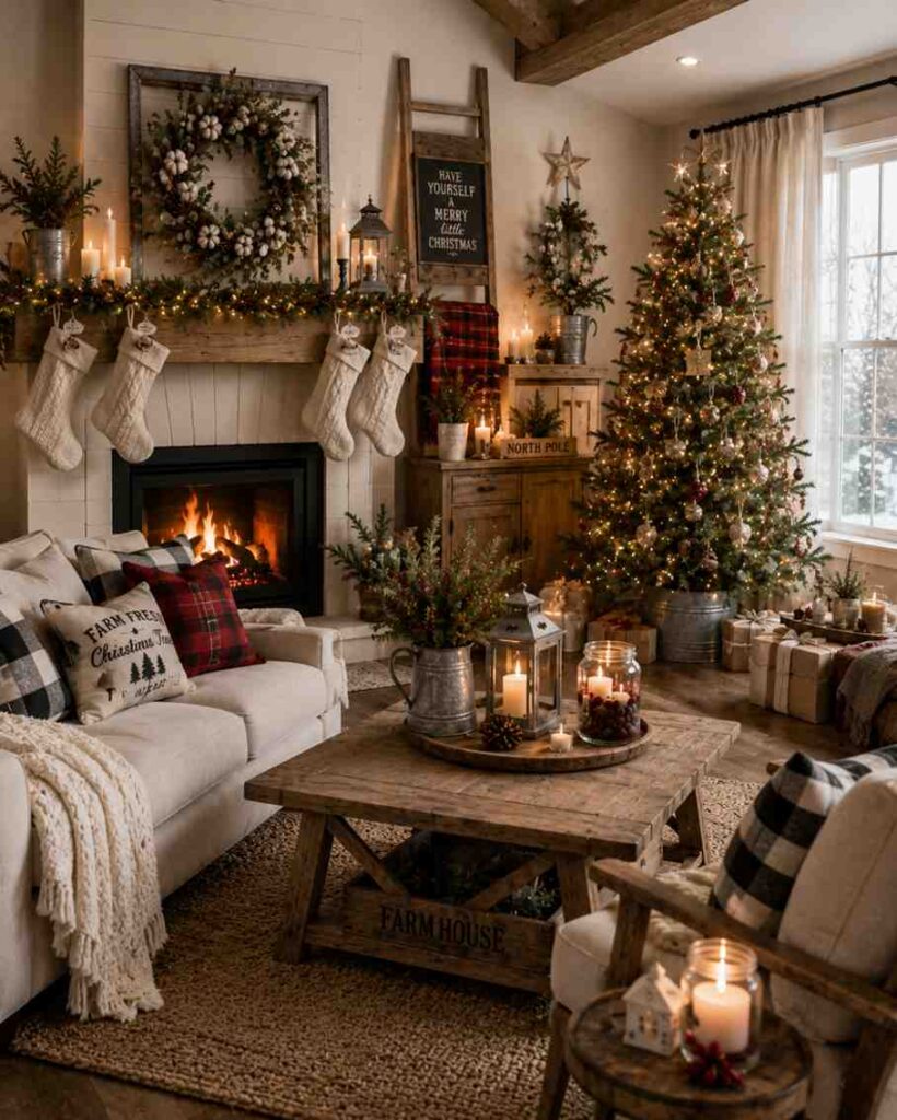 Cozy farmhouse-style living room decorated for Christmas with rustic holiday charm. A lit Christmas tree adorned with warm white lights and neutral ornaments stands beside a large window, surrounded by wrapped gifts. A fireplace mantel is decorated with evergreen garland, candles, a wreath, and four cream-colored stockings. Plaid and buffalo-check cushions, chunky knit throws, lanterns, wooden furniture, and festive greenery create a warm, inviting holiday atmosphere. A rustic coffee table displays candles, lanterns, and seasonal arrangements in galvanized metal containers.