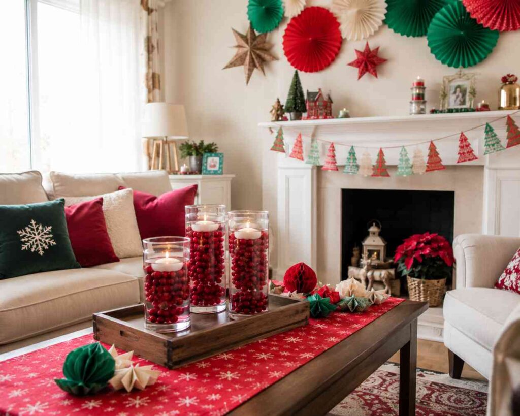 Bright Christmas living room decorated with colorful paper fan rosettes, star ornaments, and a handmade tree garland above a white fireplace. A wooden coffee table displays floating candles in berry-filled glass vases and folded paper decorations, creating a cheerful DIY holiday atmosphere