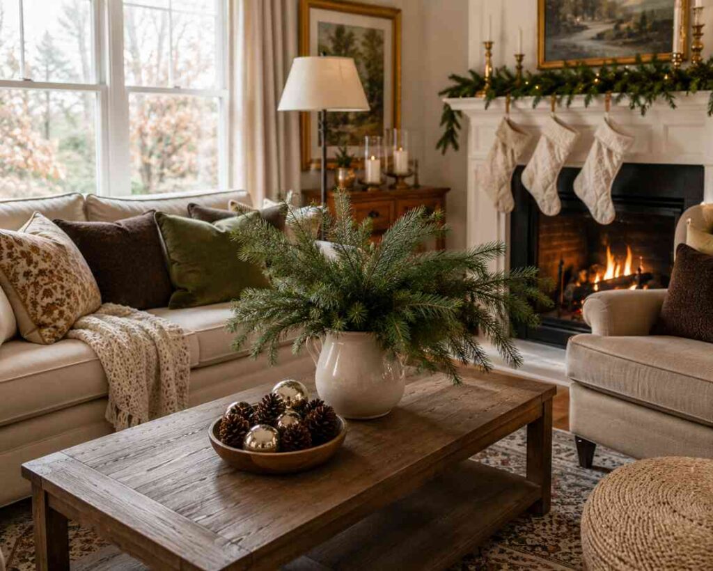 Cozy Christmas living room with a wooden coffee table topped by a white vase filled with evergreen branches and a bowl of pinecones and gold ornaments. A cream sofa with patterned cushions and a knitted throw sits beside a lit fireplace decorated with garland and hanging stockings, creating a warm holiday atmosphere