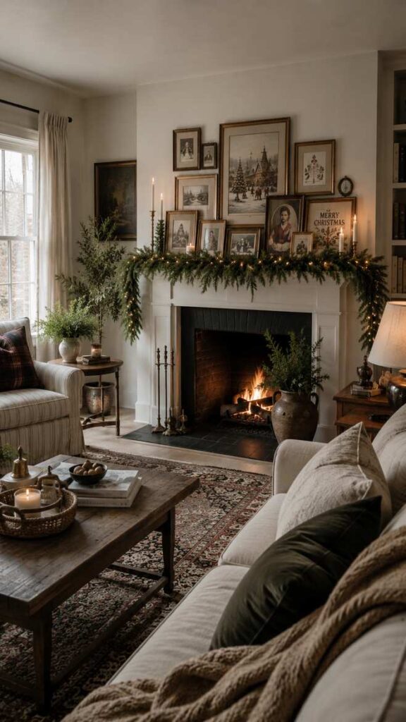 Cozy living room with a decorated fireplace mantel, festive garland, framed holiday artwork, and a warm fire