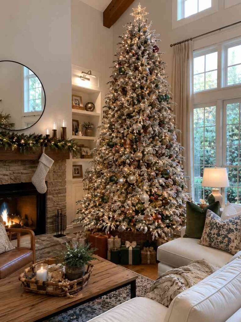 Bright and elegant living room featuring a towering flocked Christmas tree decorated with warm white lights, champagne, gold, green, and copper ornaments, and topped with a glowing star. The tree stands beside large floor-to-ceiling windows in a two-story space. A stone fireplace with a garland and stocking, built-in shelves, and neutral furnishings create a cozy atmosphere. Wrapped gifts sit beneath the tree, while a wooden coffee table, soft textiles, and decorative pillows complete the sophisticated holiday setting.