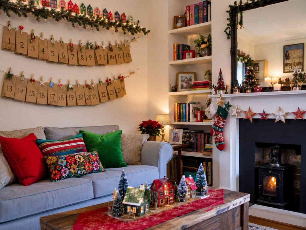 Festive Christmas living room featuring a handmade advent calendar made of numbered kraft paper bags clipped to string across the wall. A gray sofa with colorful holiday pillows sits beside a fireplace decorated with a star garland and stockings, while a miniature Christmas village centerpiece rests on a rustic wooden coffee table.