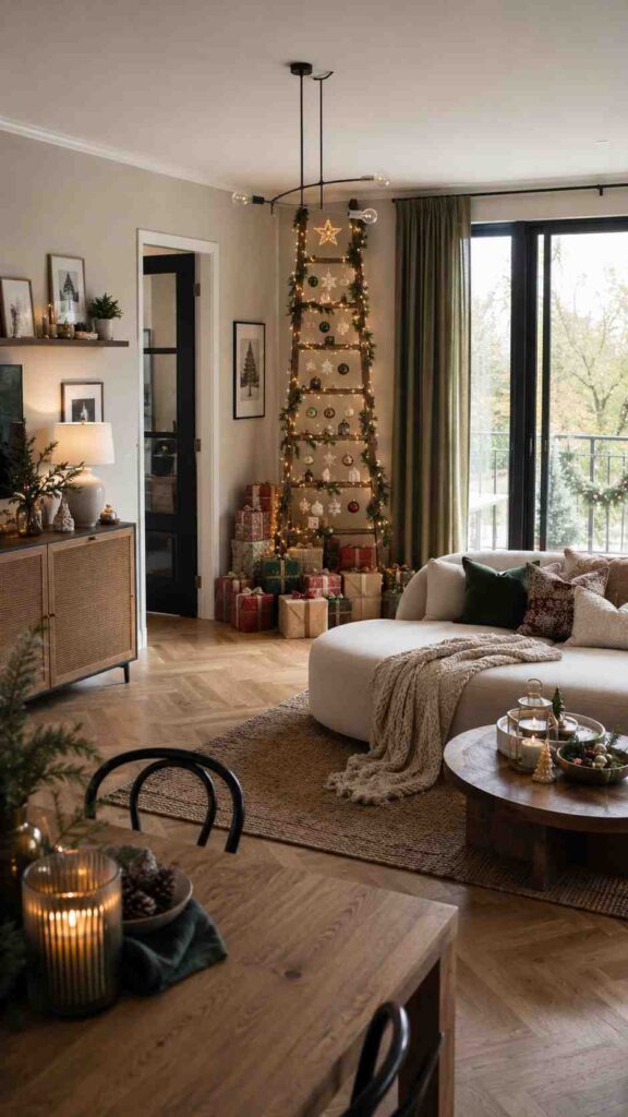 Cozy modern living room with festive holiday décor, ladder Christmas tree, wrapped gifts, and warm ambient lighting