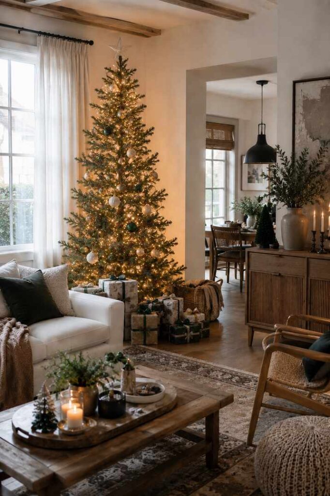 Warm living room with a glowing Christmas tree, wrapped gifts, wooden furniture, and cozy holiday décor