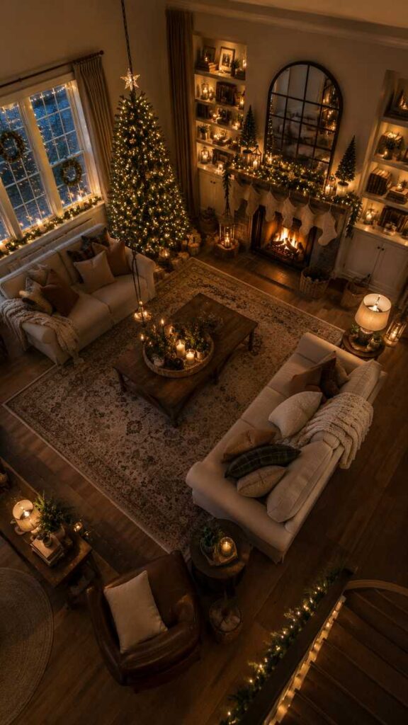 Christmas living room viewed from above featuring a decorated tree, fireplace, stockings, candles, garland, and festive holiday decorations
