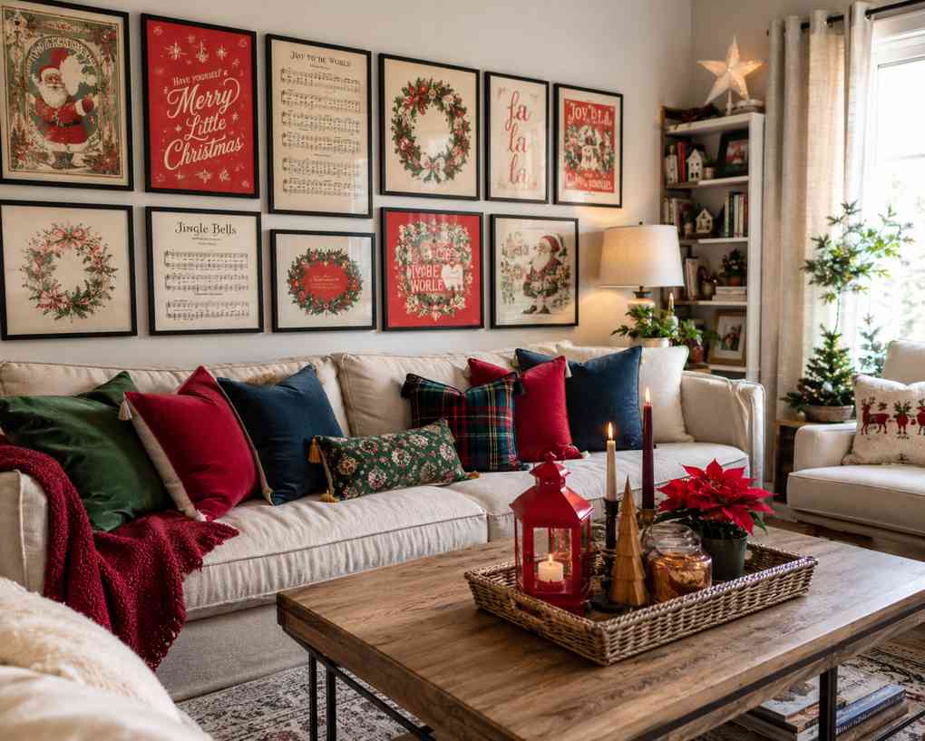 Festive living room decorated with a gallery wall of framed vintage Christmas prints, holiday sheet music, wreath illustrations, and Santa artwork. A cream sofa is styled with red, green, plaid, and navy accent pillows, while a wooden coffee table displays candles, a red lantern, and seasonal décor, creating a warm and cheerful Christmas atmosphere