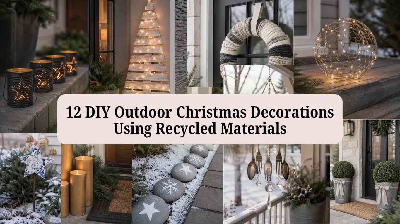 Collage showcasing 12 DIY outdoor Christmas decorations made from recycled materials, including tin can lanterns, a pallet wood tree, a yarn wreath, a wire light sphere, mosaic garden art, gold candle holders, painted holiday rocks, a vintage silverware wind chime, and festive porch planters, with the title "12 DIY Outdoor Christmas Decorations Using Recycled Materials.