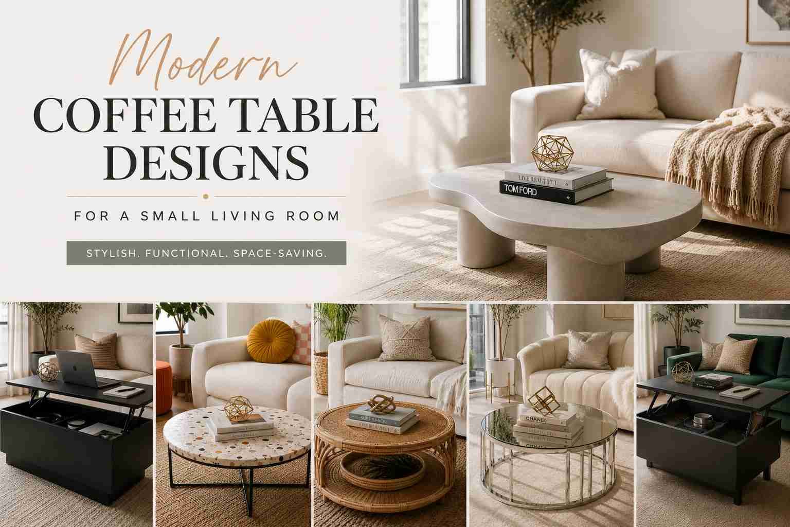 A collage of modern coffee table designs for small living rooms featuring marble, terrazzo, rattan, lift-top storage, glass, and contemporary coffee tables styled with neutral sofas and minimalist living room decor.