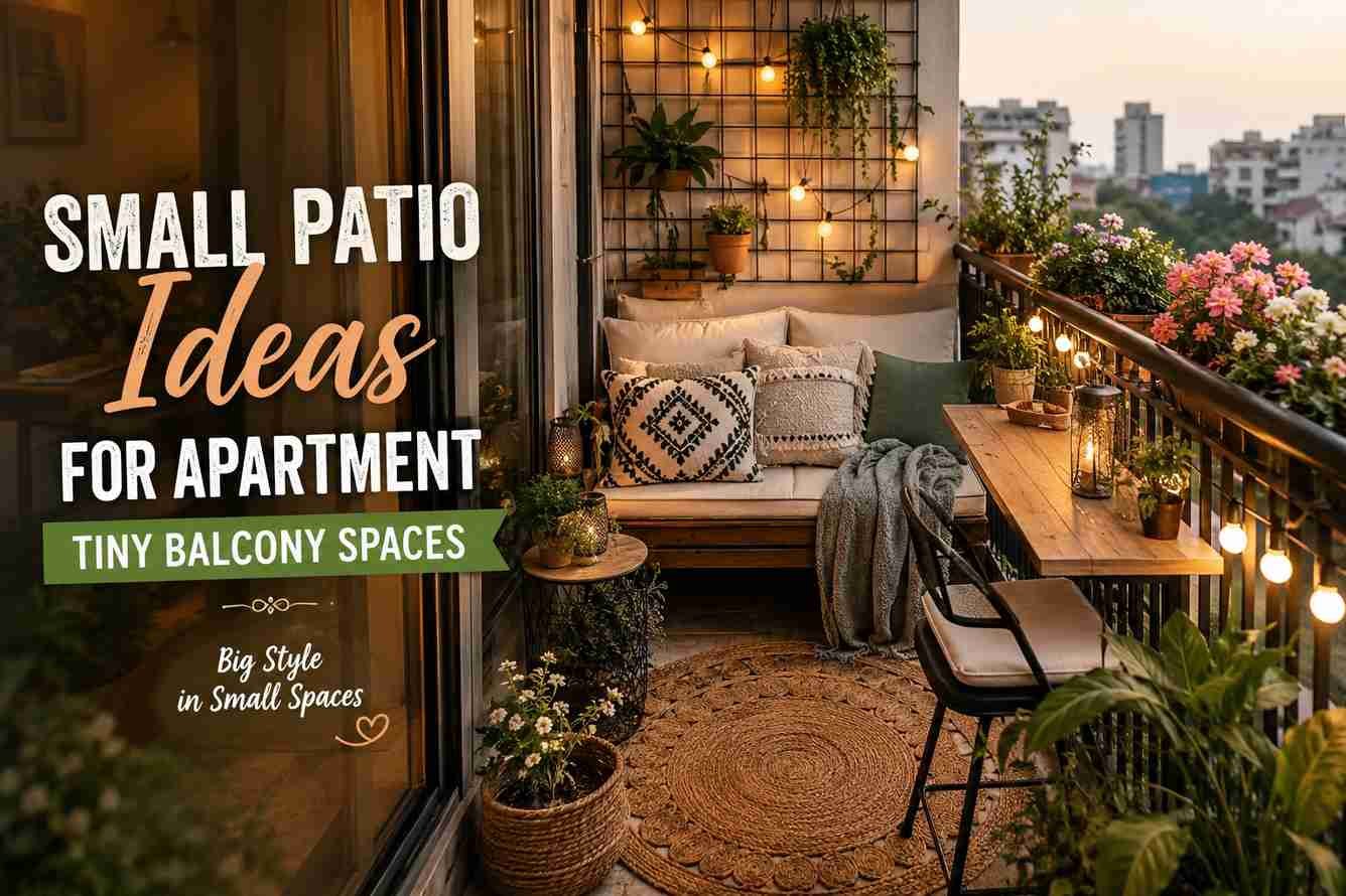 Cozy apartment tiny balcony with space-saving patio furniture, hanging plants, outdoor rug, warm string lights, and modern décor ideas for small apartment patio spaces.