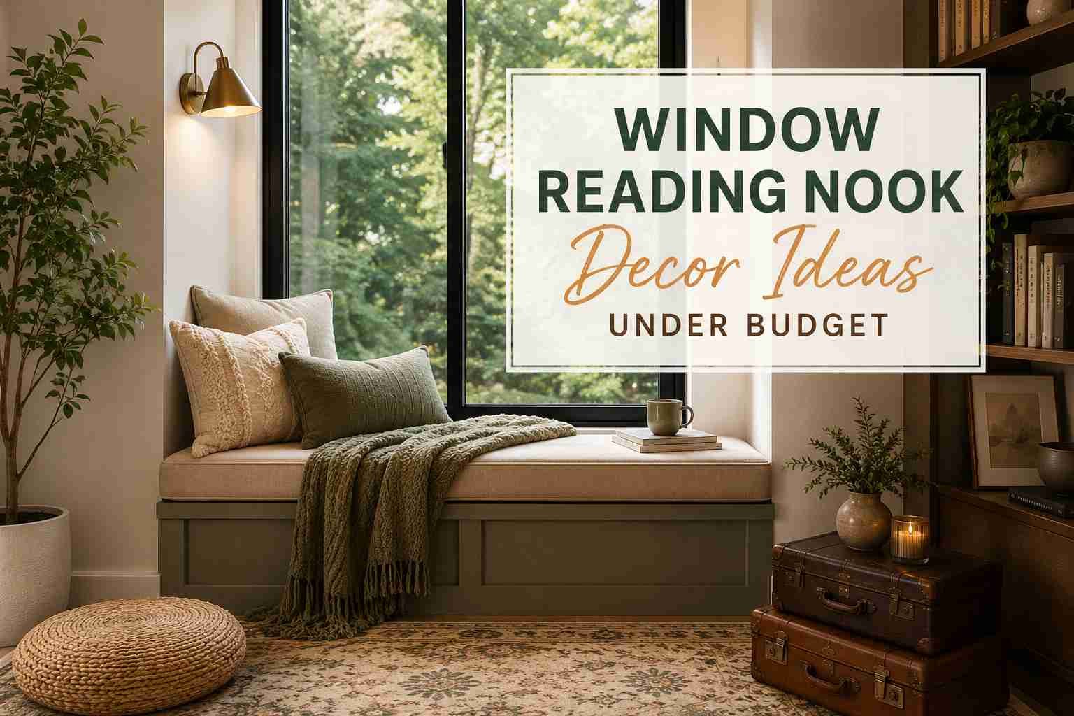 Cozy window reading nook with a built-in bench, layered cushions, vintage suitcases, indoor plants, and warm neutral decor beside a large picture window.