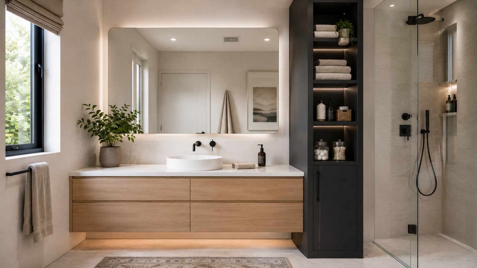 Modern floating wood bathroom vanity with black storage tower, open illuminated shelves, and walk-in shower.
