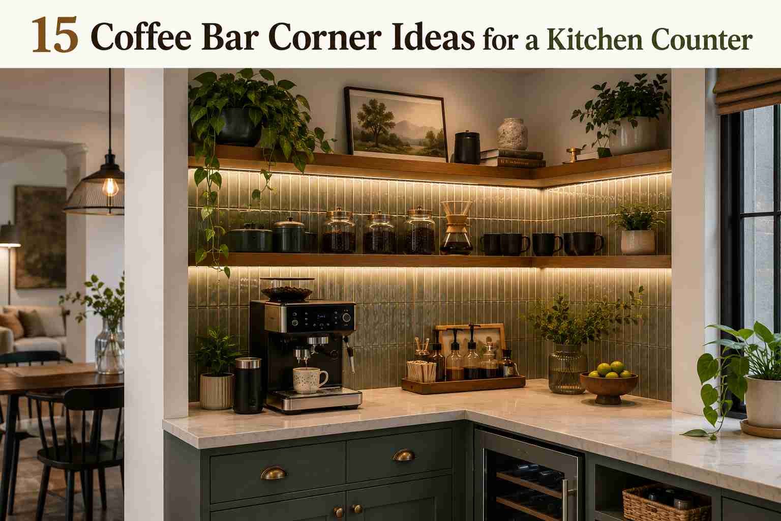 A modern kitchen coffee bar corner with floating shelves, warm LED lighting, an espresso machine, decorative storage jars, and a built-in wine cooler.