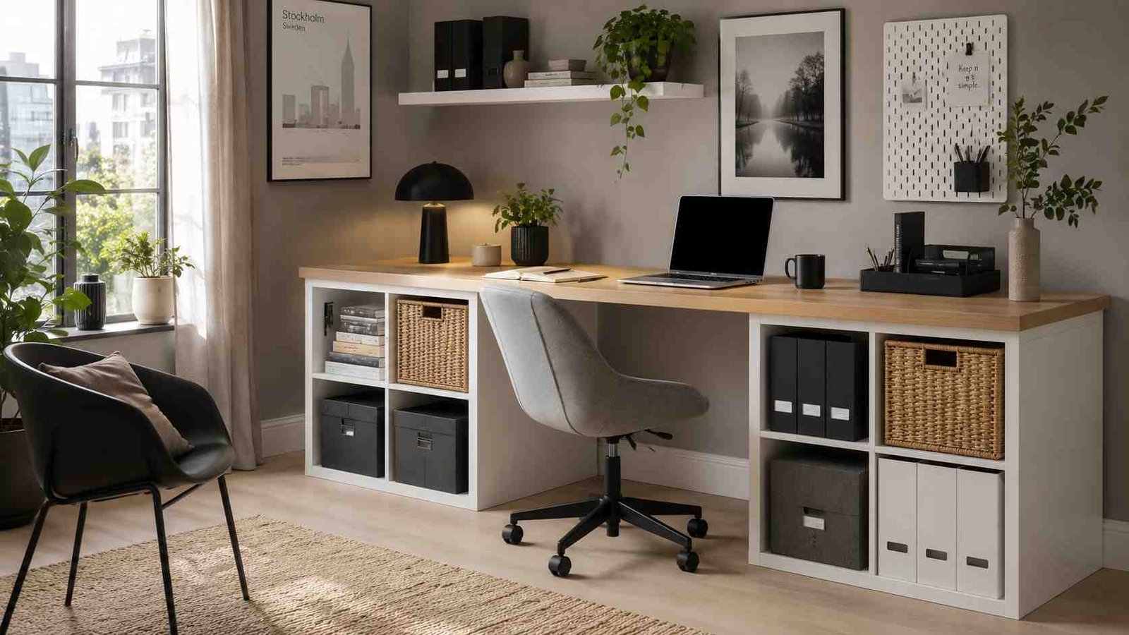Modern IKEA KALLAX desk with cube storage, woven baskets, floating shelf, pegboard organizer, and a stylish Scandinavian home office setup.