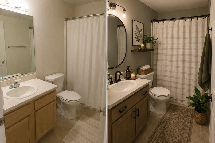 A side-by-side comparison of a rental bathroom before and after a simple makeover. The updated space features a round black-framed mirror, modern lighting, decorative shelving, greenery, a patterned runner rug, and coordinated accessories that give the bathroom a warm, stylish look without major renovations.