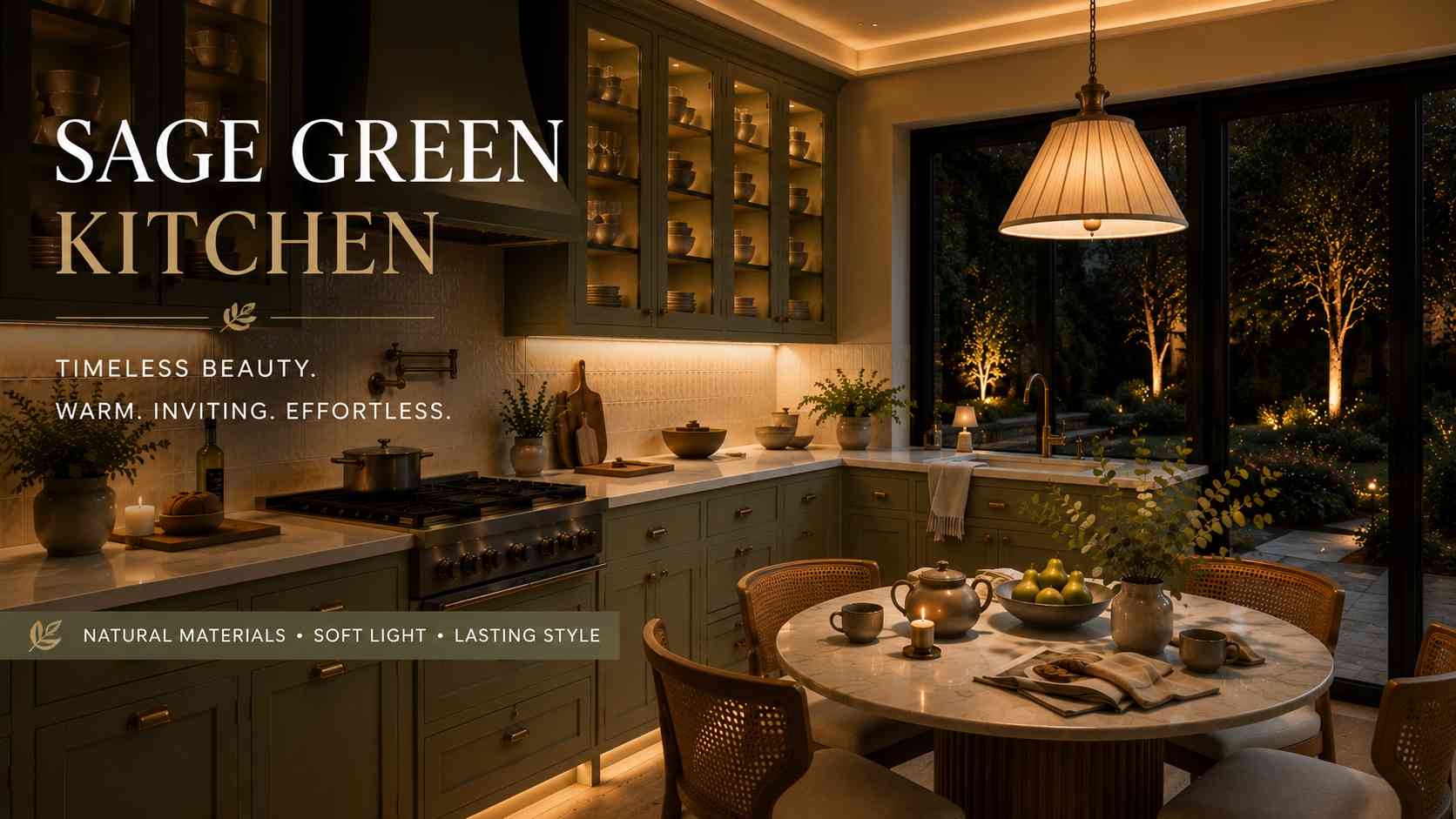 Featured image showcasing a warm and inviting sage green kitchen with illuminated glass-front cabinets, soft under-cabinet lighting, a round marble dining table, cane dining chairs, brass accents, and large windows overlooking a beautifully lit garden at dusk.
