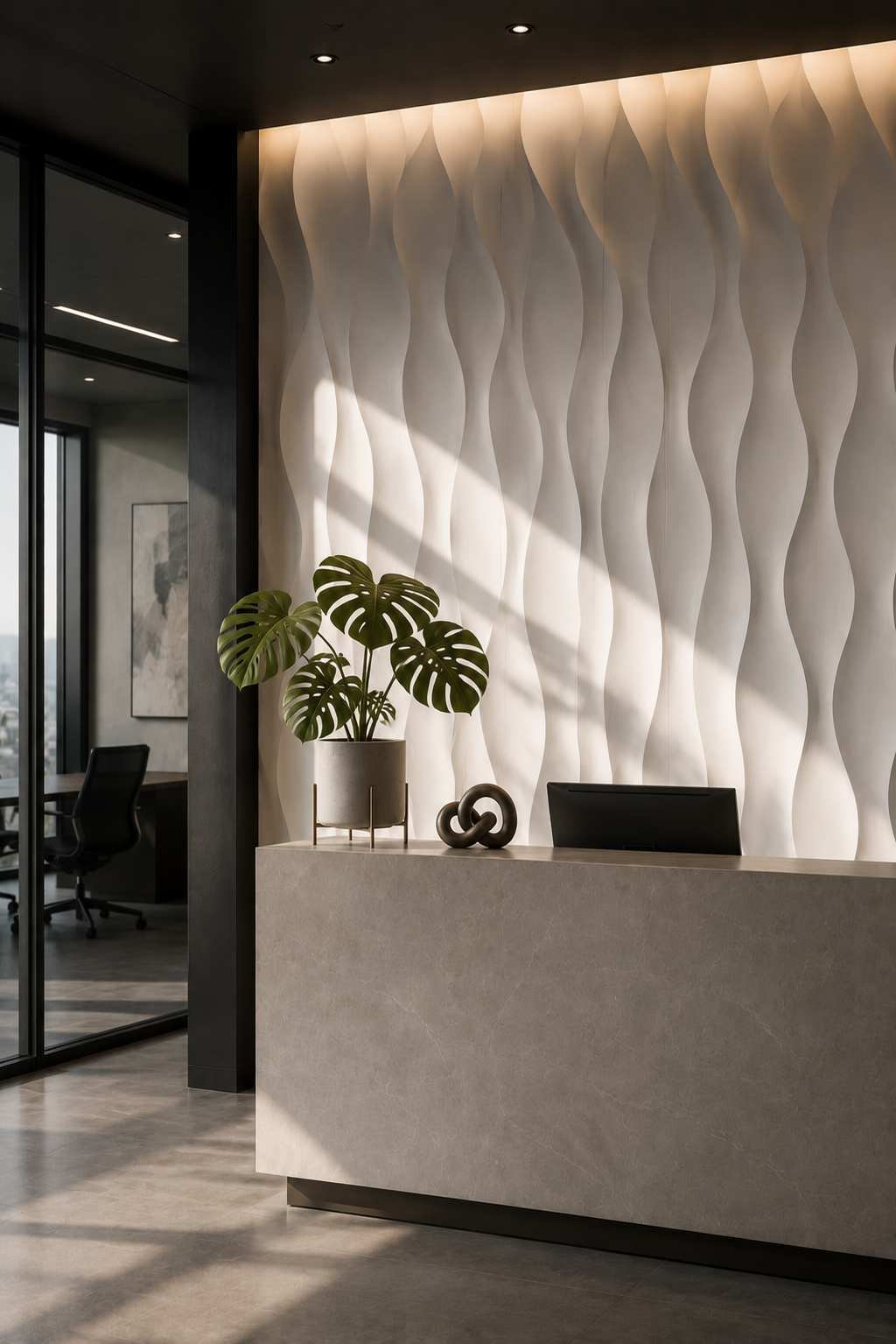 Matte white 3D geometric wall panels creating shadow texture behind a modern office reception counter 