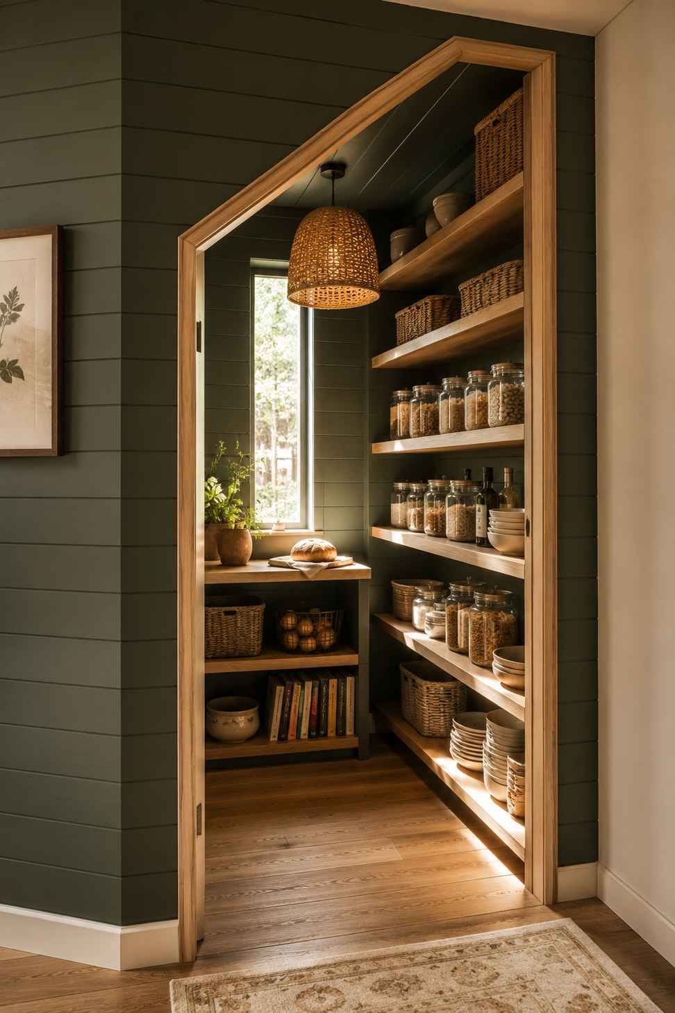 Walk-in pantry with a 45-degree angled corner entrance, deep green shiplap walls, pale oak open shelves, woven pendant light, narrow window, and organized pantry storage in a warm cottage-style kitchen.