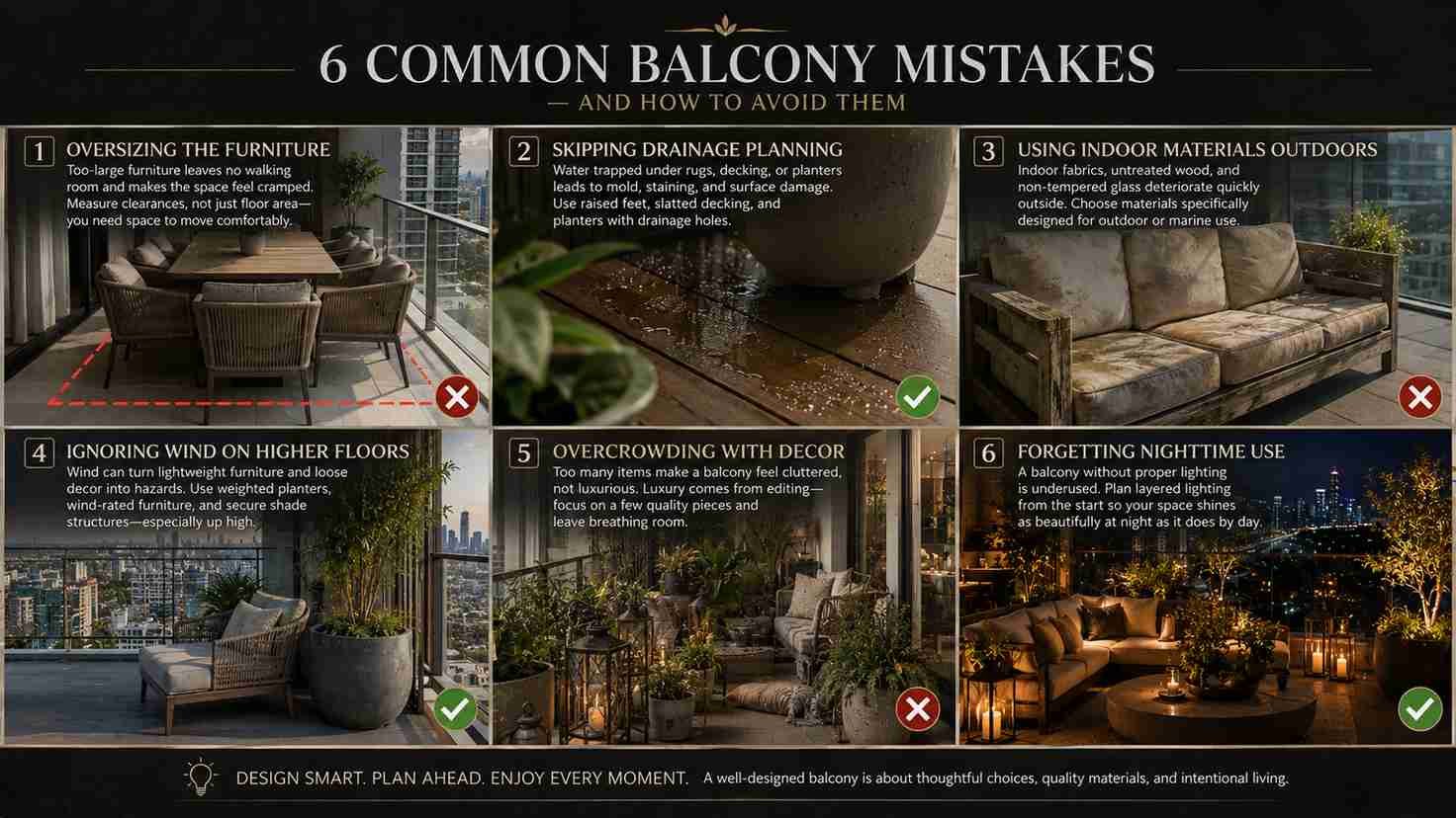An infographic showcasing six common balcony design mistakes, including oversized furniture, poor drainage, unsuitable outdoor materials, wind-related issues, overcrowded décor, and inadequate lighting, with practical tips for creating a functional and luxurious outdoor space.