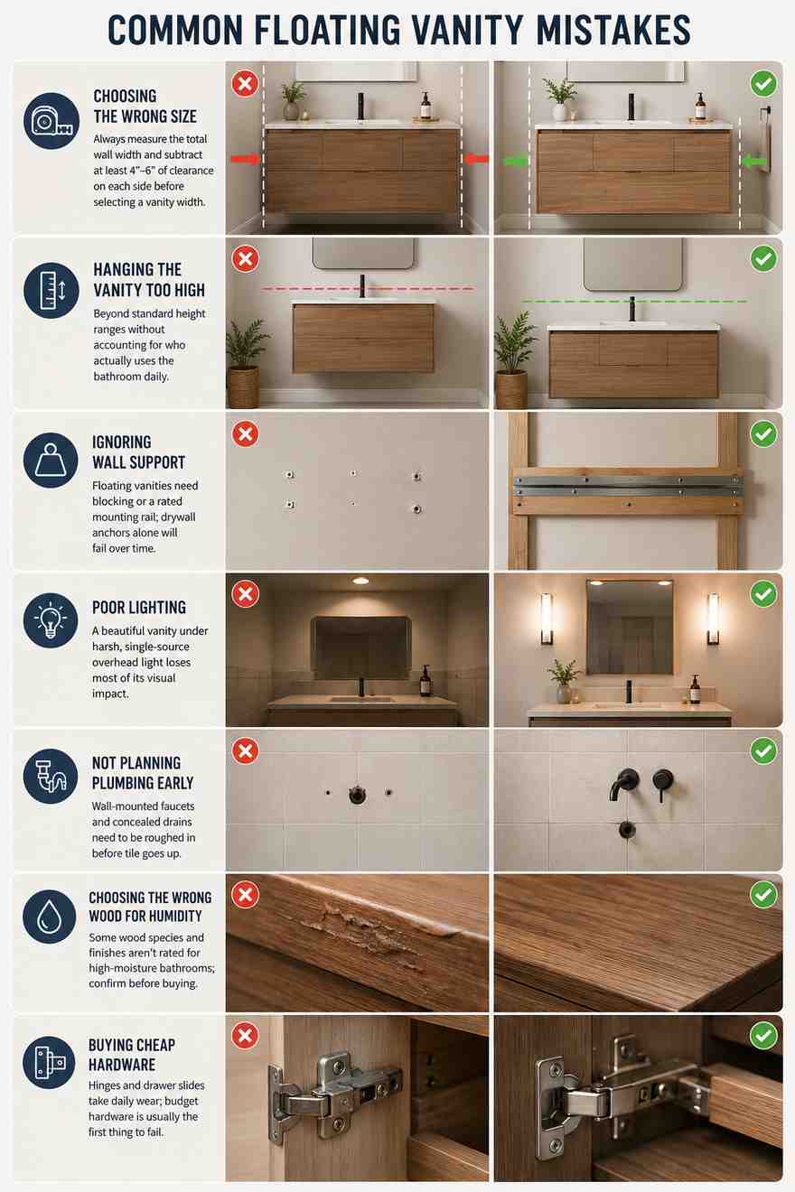 Infographic titled "Common Floating Vanity Mistakes" showing seven common design and installation mistakes with side-by-side incorrect (red X) and correct (green check) examples. Topics include choosing the wrong vanity size, mounting height, inadequate wall support, poor lighting, plumbing rough-in, unsuitable wood for humid environments, and low-quality hardware. 