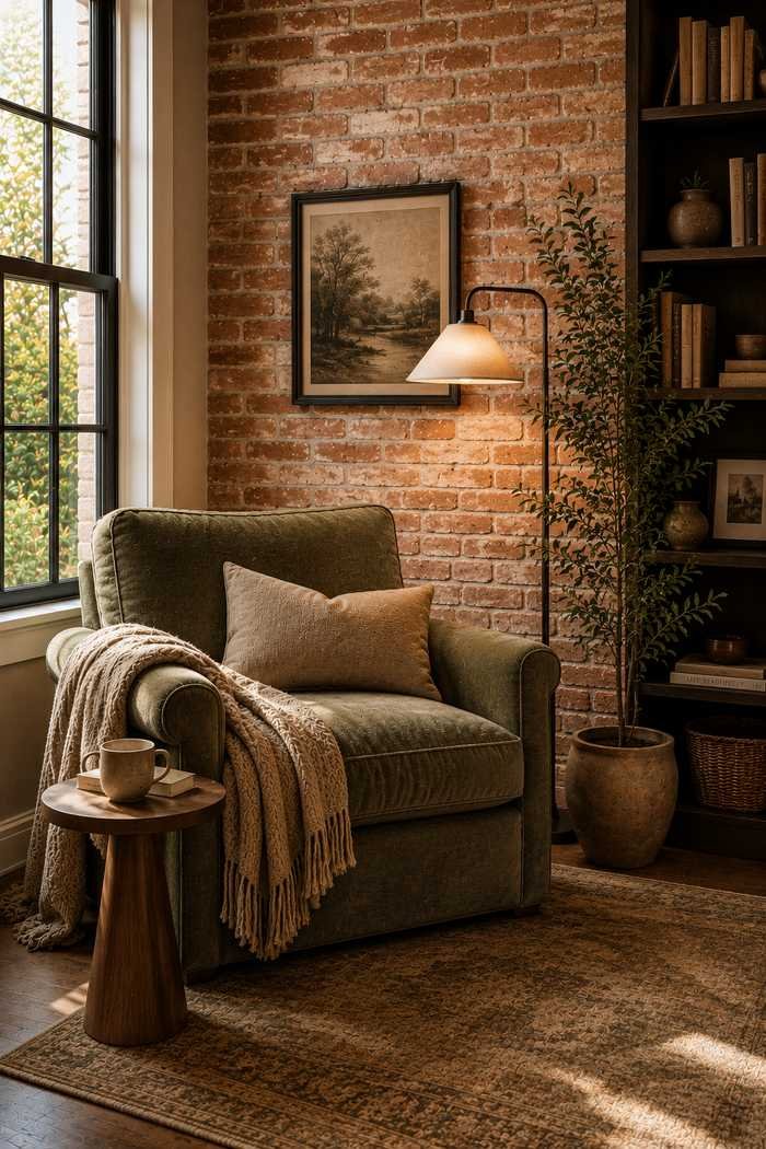 A cozy reading nook with an olive green armchair, warm floor lamp, wooden side table, and exposed brick wall, creating a comfortable corner for reading and relaxing in a modern living room.