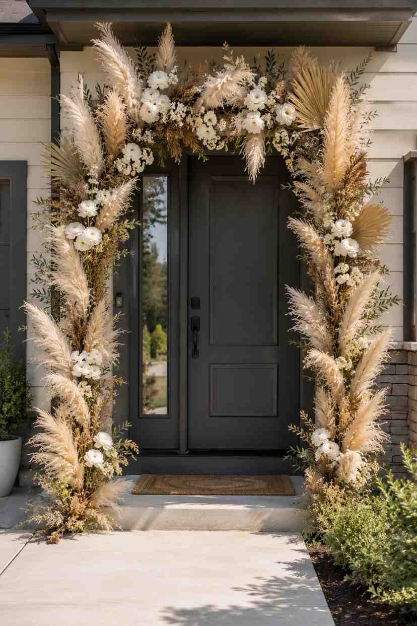Modern front entrance decorated with a large asymmetrical floral arch featuring pampas grass, white flowers, dried palm leaves, and greenery framing a dark front door.