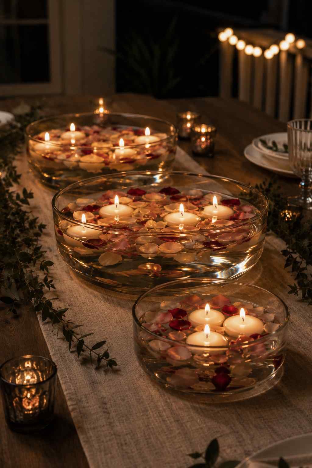 Floating candles and flower petals in glass bowls arranged as a table centerpiece.
