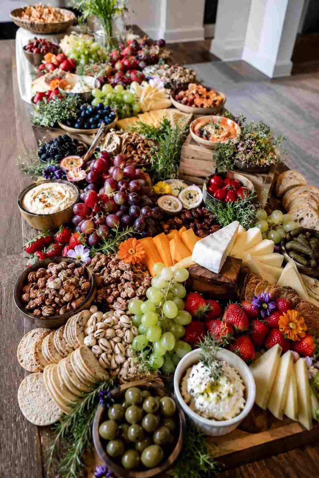 Large charcuterie grazing table with cheeses, fruit, crackers, olives, and dips.