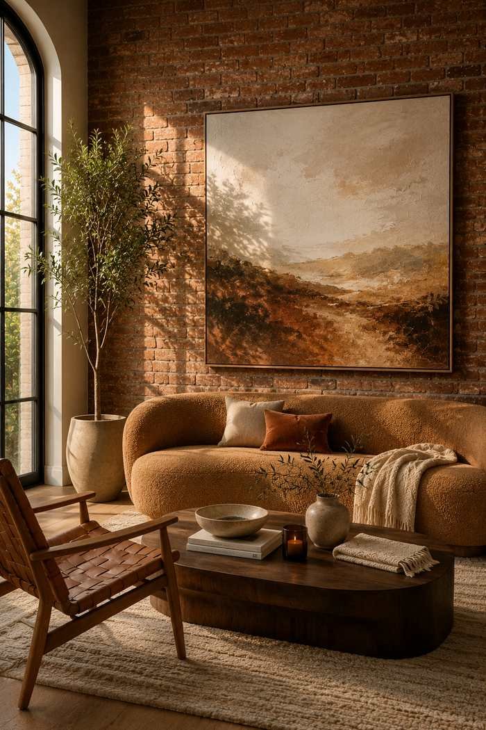 A modern living room featuring a large abstract landscape artwork mounted on an exposed brick wall above a curved camel sofa, with natural wood furniture, warm sunlight, and earthy neutral decor.