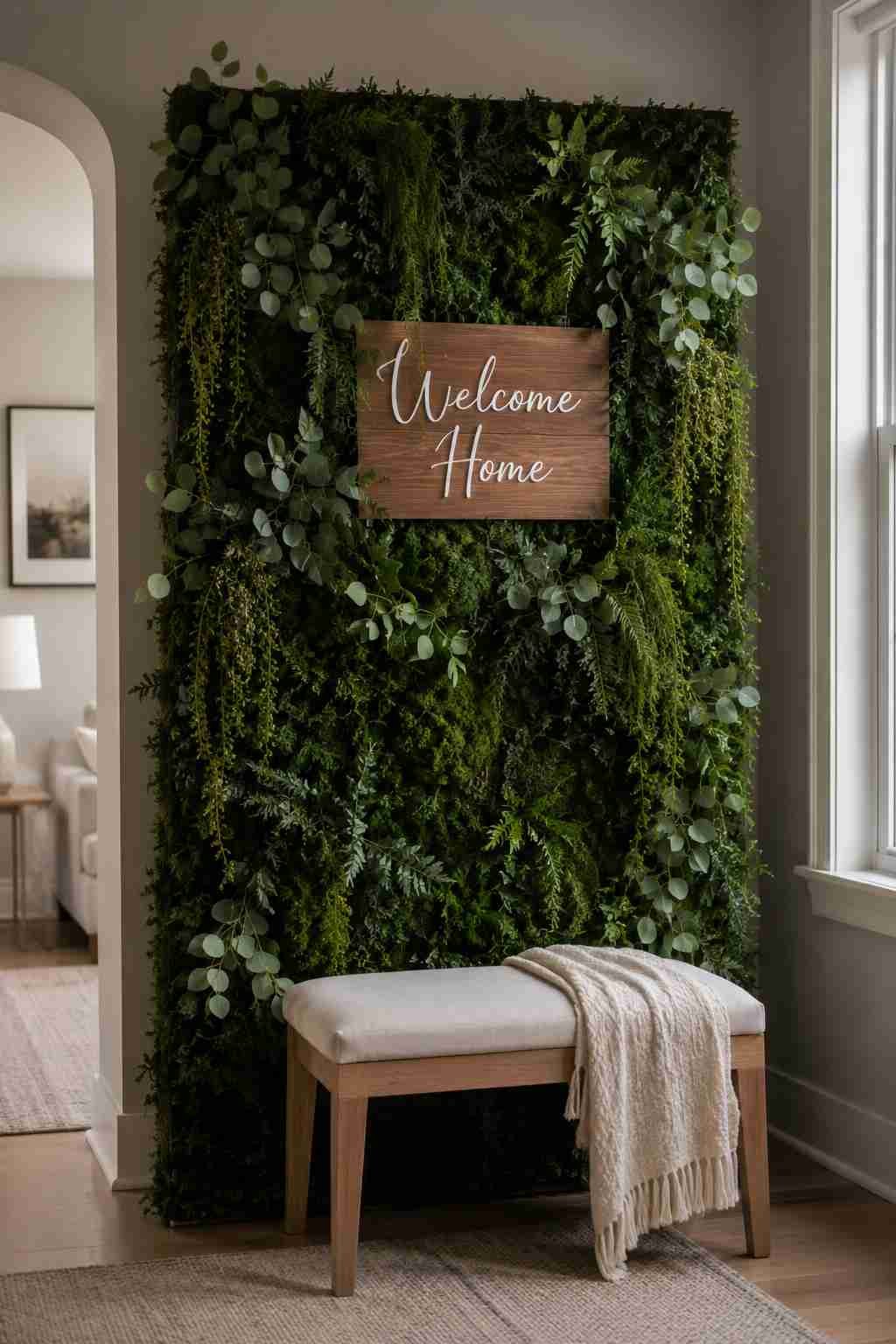 Greenery feature wall with a wooden "Welcome Home" sign and upholstered bench.