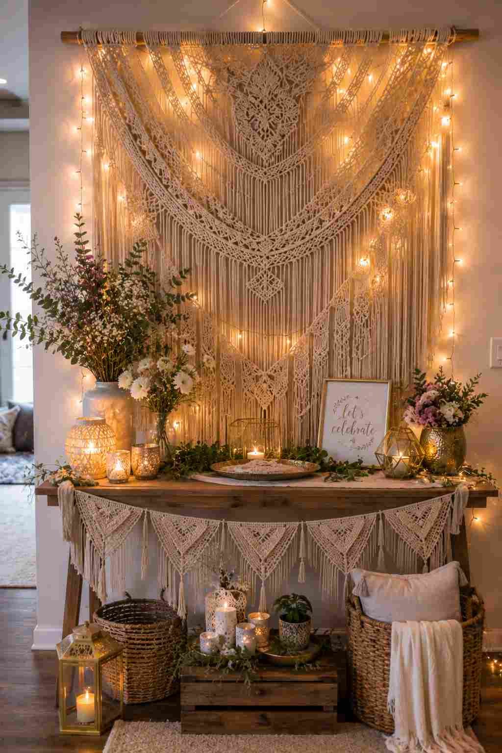 Macrame backdrop decorated with fairy lights, flowers, candles, and celebration decor.
