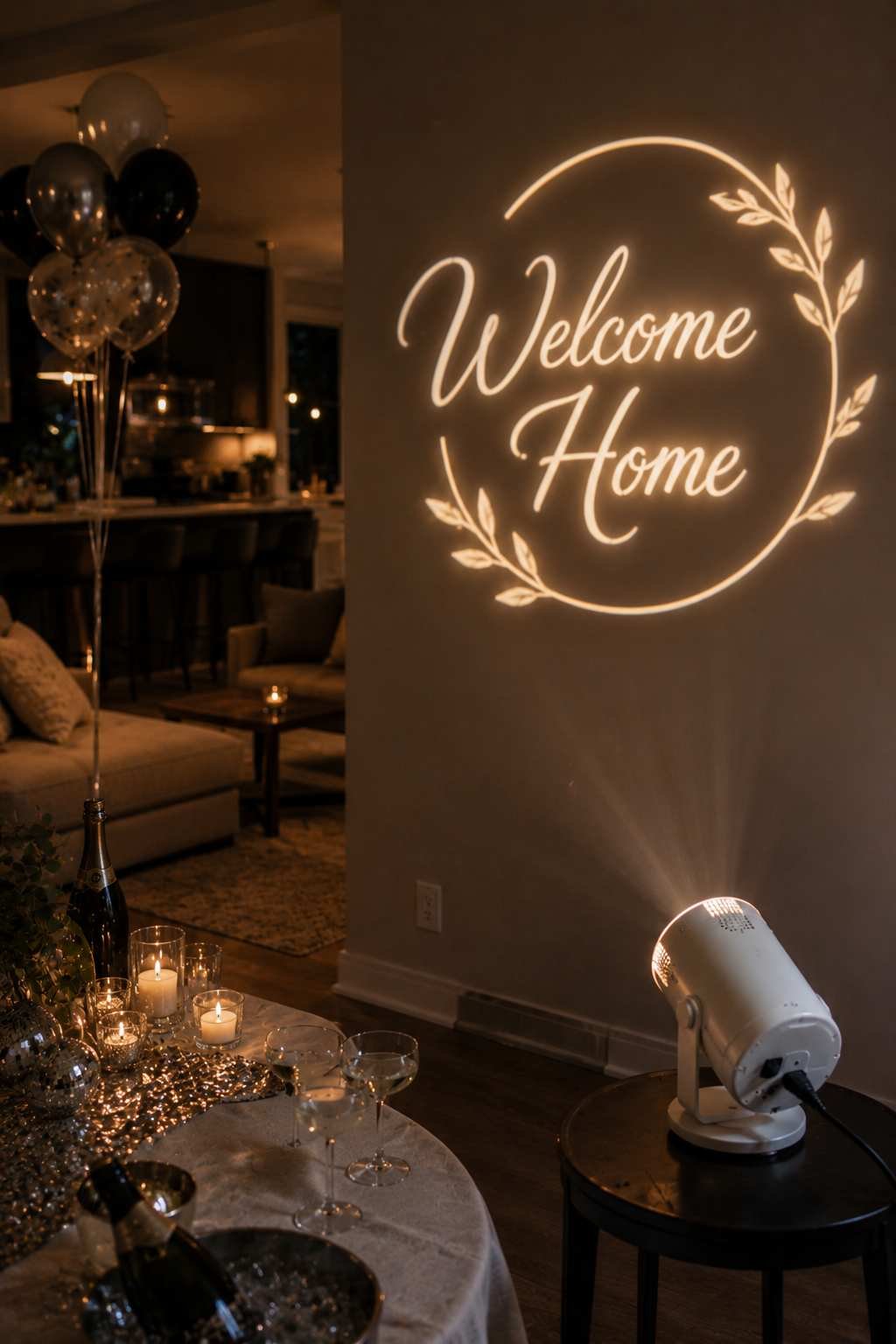 "Welcome Home" light projection displayed on a wall during an indoor celebration.