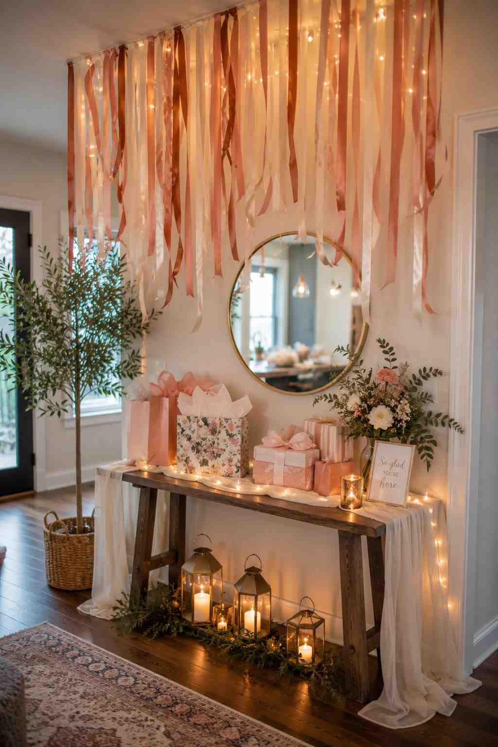Gift table with pink ribbons, flowers, lanterns, and warm fairy lights.