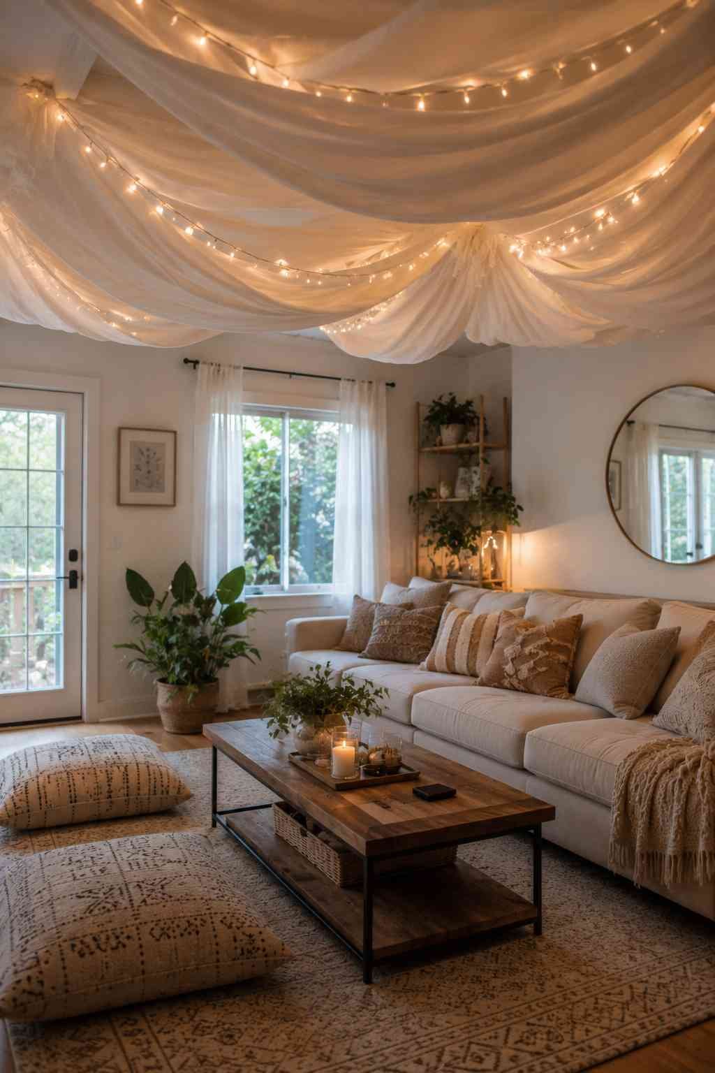 Living room with draped fabric ceiling and warm string lights above a cozy seating area.