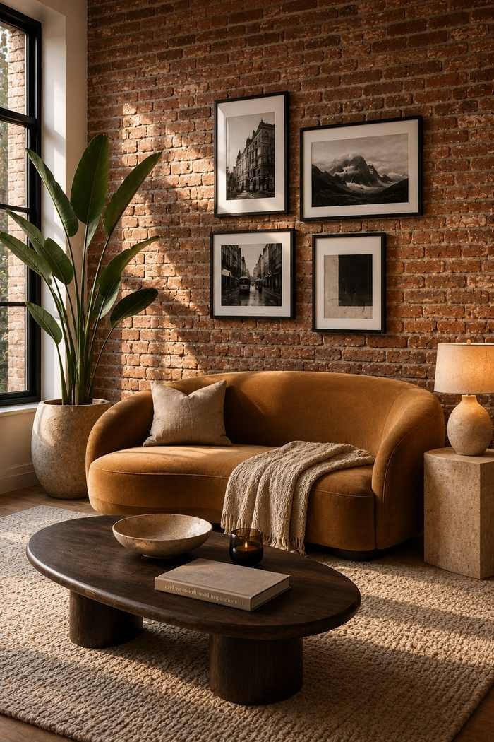 A cozy living room with a small gallery wall of black-and-white framed artwork on an exposed brick wall, paired with a curved camel sofa, natural wood coffee table, and warm afternoon sunlight.